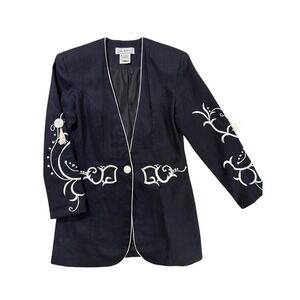 Sia Bellini 100% Linen Embroidered Blazer Jacket Navy Blue White Tassels Sz 5/6
